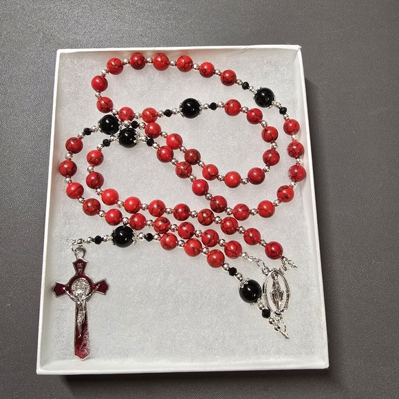Large One Of A Kind Hand Crafted Rosary Made With Red Turquoise And Onyx - Picture 3 of 3